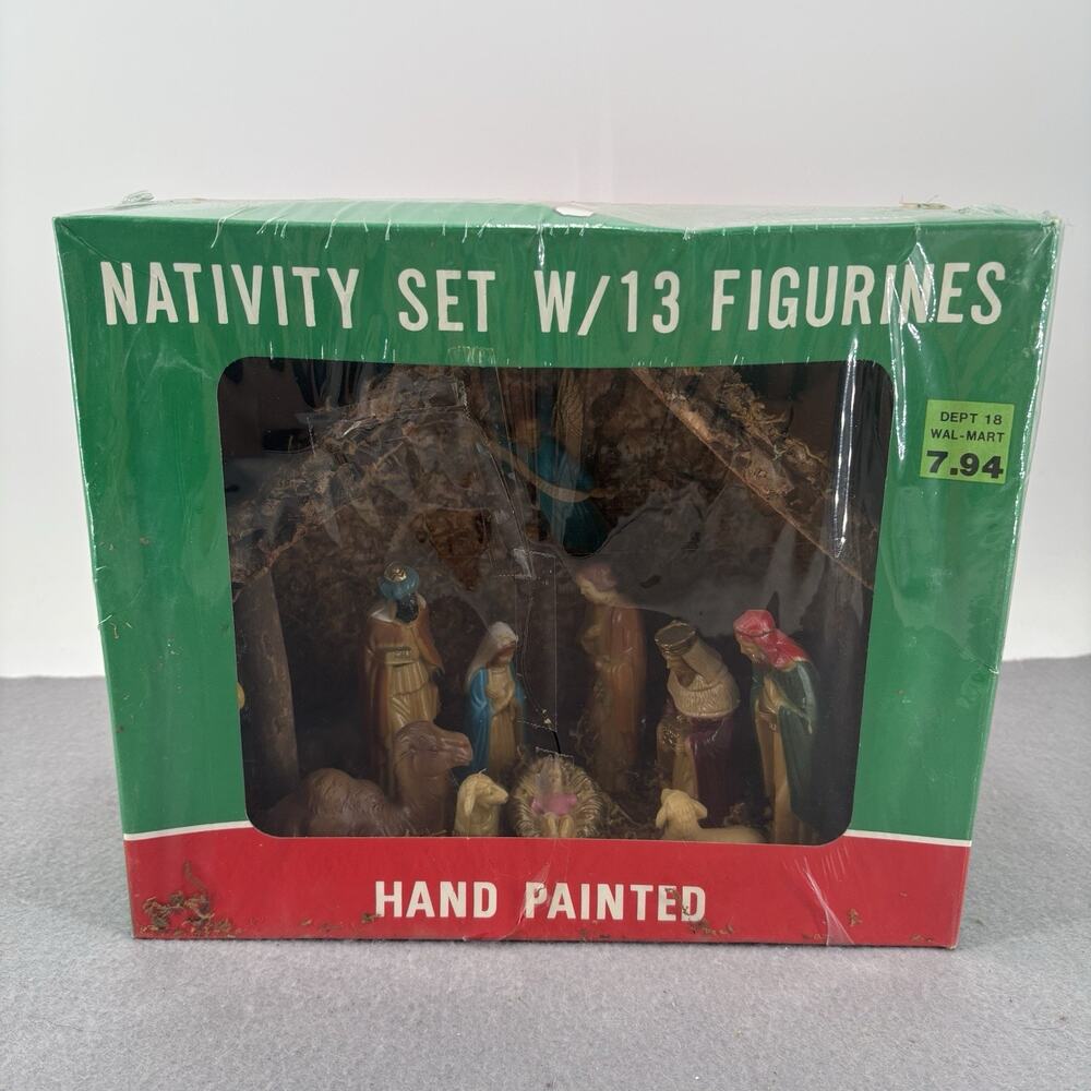 Vtg 13 Figure Nativity Set Manger Holy Family Christ Hand Painted Holiday Home